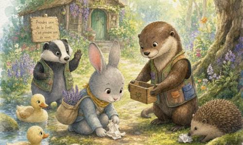 Lino, un petit lapin gris clair aux oreilles roses, yeux timides et sourire doux, agenouillé et tenant un sachet de lavande pour ramasser un papier, est accompagné d’une loutre au pelage brun portant un gilet à poches qui tend une petite boîte pour y glisser le déchet; un jeune blaireau rayé se tient derrière en faisant un signe de patte, un hérisson pousse le papier du museau près des racines, et deux canards jaune pâle barbottent dans un ruisseau; la scène se déroule dans une clairière devant une petite cabane de l’écomusée, jardin sauvage de fleurs, sentier bordé de mousse et pierres, rayons de soleil filtrant entre les feuilles, ambiance humide et parfumée, le groupe ramasse le déchet en chuchotant, gestes calmes dans une composition centrée sur Lino et la loutre, tons pastels aquarelle et textures de papier grainé, lumière douce.