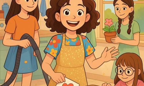 Clara, 10 ans, aux cheveux châtains bouclés et aux yeux pétillants, sourit au centre de la cuisine, excitée. Elle porte un t-shirt coloré et un tablier à paillettes. Sa sœur Capucine, 12 ans, aux cheveux longs, observe avec amusement, tenant un aspirateur. Claire, 8 ans, avec une frange et des lunettes, découpe des cœurs en papier près de la table. Charlyne, 11 ans, avec des tresses, s'occupe des fleurs dans le jardin. La cuisine est en désordre, avec des éclaboussures de jus d'orange et des paillettes au sol. Le soleil illumine la pièce, créant une ambiance festive et pleine d'amour pour la préparation de la fête des mères.