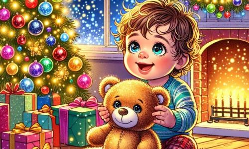 Un petit garçon de 1 an, Léo, aux cheveux bouclés et aux yeux pétillants, est assis sur un tapis moelleux devant un sapin de Noël. Il sourit émerveillé en tenant un nounours en peluche aux yeux brillants. La scène se déroule dans un salon chaleureux, décoré de guirlandes scintillantes et de boules colorées. Des lumières clignotantes illuminent la pièce, et un feu crépite dans la cheminée. Léo et son nounours découvrent les merveilles de Noël, entourés de cadeaux colorés, tandis que des flocons de neige tombent doucement à l'extérieur.