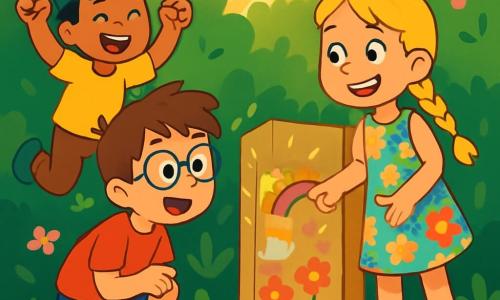 Trois personnages sont présents : Léo, un garçon de 8 ans aux cheveux bruns en bataille et lunettes rondes, accroupi devant une porte secrète en carton, les yeux écarquillés d’excitation. Zoé, une fille de 7 ans avec de longs cheveux blonds tressés et un sourire éclatant, se tient à côté de Léo en pointant la porte. Malik, un garçon de 8 ans avec des cheveux noirs et une casquette verte, saute sur place, prêt à les suivre. Ils se trouvent dans un petit coin de jardin, entouré de buissons fleuris, avec des rayons de soleil filtrant à travers les feuilles. La porte secrète, décorée de dessins colorés, scintille sous la lumière. Les trois amis, remplis d’excitation, sont prêts à l’ouvrir pour explorer ce qui se cache derrière.