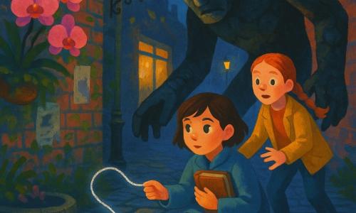 Trois personnages dans une ruelle nocturne d'une ville-jardin victorienne : Lina, 11 ans, cheveux bruns courts, manteau bleu poussiéreux, accroupie au centre, tient un carnet en cuir contre sa poitrine et déroule un fil d'argent lumineux vers une grande créature de pierre; Zoé, 11 ans, rousse en tresse, veste jaune moutarde, se tient juste derrière, prête à intervenir; et Casse-Cou, silhouette de pierres et poussière aux traits fissurés, bloque le passage. Les pavés humides vibrent d'ondes autour du fil argenté, les lampadaires en fer forgé diffusent une lumière jaune chaude, une page du carnet rayonne d'une chaleur dorée, orchidées et murs moussus ajoutent une atmosphère à la fois tendue et touchante, aux contrastes d'ombres bleutées et lueurs argentées.