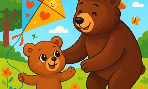 Petit Ours, un ours en peluche aux poils bruns et doux, se tient dans un jardin ensoleillé, souriant et tenant un cerf-volant coloré décoré de cœurs et de soleils. À ses côtés, Papa Ours, un grand ours au pelage brun foncé avec un chapeau en paille, le regarde avec tendresse, prêt à l'accompagner. Le jardin est fleuri, avec des papillons et un grand arbre en arrière-plan, sous un ciel bleu parsemé de nuages. Ensemble, ils s'apprêtent à faire voler le cerf-volant, célébrant la fête des pères avec joie et complicité.