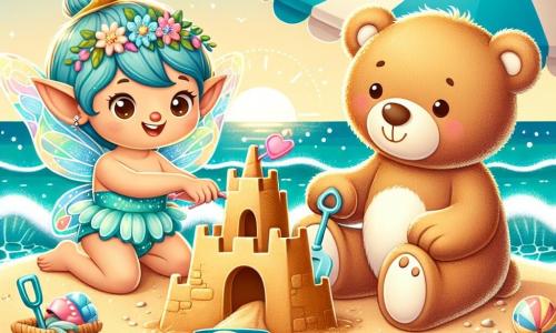 Petit Lutin, un personnage féerique aux grandes oreilles pointues et au sourire radieux, est assis sur le sable doré d'une plage ensoleillée, construisant un château de sable. À côté de lui, Grand Ours, un ours en peluche doux, regarde avec émerveillement, tenant une pelle en plastique. La plage est entourée de vagues turquoise qui se brisent sur le rivage, avec des coquillages colorés et des parasols rayés au vent. Dans cette scène joyeuse, Petit Lutin et Grand Ours s'amusent à créer leur château de sable, riant et partageant des histoires de vacances d'été.