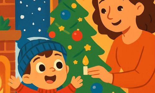 Un petit garçon de 4 ans, nommé Louis, regarde émerveillé la neige tomber par la fenêtre. Il porte un pull rouge avec des flocons de neige et un bonnet bleu. Sa maman, d'une trentaine d'années, allume des bougies sur le sapin, avec un regard chaleureux. Le salon est décoré de guirlandes scintillantes et d'un grand sapin illuminé, créant une atmosphère magique et festive de Noël. Louis s'exclame joyeusement en voyant les flocons de neige, tandis que sa maman sourit tendrement.