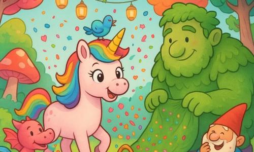 Lila, une licorne fille aux yeux émerveillés, crinière arc‑en‑ciel brillante, pelage nacré légèrement rosé et corne dorée, trotte au centre en tenant un panier en osier rempli de confettis colorés; Pipo, petit dragon garçon rose et maladroit, souffle pour diriger les confettis, avec de petites ailes translucides et de discrètes flammes bleues au museau; Melody, une mésange femelle bleue, perchée sur la corne de Lila, chante avec un petit sourire; Gribou, un grand géant de mousse doux et protecteur, agenouillé, tient une nappe de feuilles pour récolter les confettis et porte des bottes violettes; un vieux gnome barbu, surpris et rigolard, rit au bord de la scène avec des confettis collés à sa barbe. Le tout se déroule dans une clairière sucrée aux herbes pastel, champignons rayés et arbres en forme de bonbons, sous une lumière dorée et un ciel bleu pâle, tandis qu'une pluie joyeuse de confettis formant étoiles et cœurs tourbillonne autour des personnages dans une ambiance festive, drôle et chaleureuse.