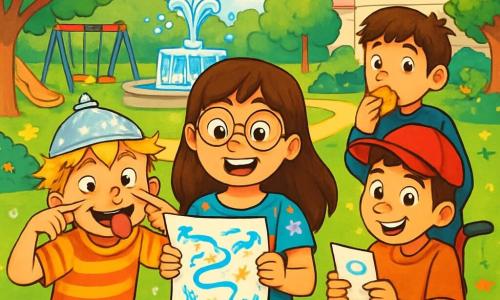 Quatre enfants sont présents : Léa, 9 ans, avec de longs cheveux bruns et des lunettes rondes, porte une robe colorée et tient une carte dessinée à la main ; Max, 8 ans, avec des cheveux blonds en bataille et un t-shirt à rayures, fait une grimace amusante avec un bandeau en papier d'aluminium ; Théo, 9 ans, avec des cheveux châtains et une casquette rouge, est assis dans un fauteuil roulant rouge, tenant un indice en papier ; Sam, 9 ans, avec des cheveux bruns et un pull bleu, grignote un biscuit en observant. L'action se déroule dans le parc de l'école des Étoiles Filantes, un lieu verdoyant avec des arbres, des fleurs et une fontaine. Les enfants participent à une chasse au trésor intergalactique, riant et cherchant des indices cachés.