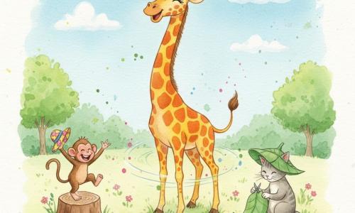 Une grande girafe souriante aux taches jaune-orangé, yeux doux et longs cils, tourne le cou élégant légèrement incliné en essayant d'abord un chapeau trop petit puis en portant fièrement un grand chapeau vert fait de feuille; à gauche, un petit singe brun malicieux rit en sautillant sur une souche en tenant un chapeau coloré trop petit; à droite, un chat gris clair, calme, assis sur l'herbe, fabrique le grand chapeau avec une feuille, des ciseaux et un ruban bleu; la scène se déroule dans une clairière herbeuse parsemée de petites fleurs roses et blanches, sous un ciel bleu avec quelques nuages et des arbres verts en arrière-plan, tous les animaux riant ensemble dans une ambiance ludique et colorée.