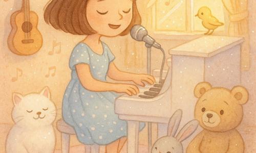 Louisa, souriante et sereine, joue du piano debout et chante doucement, cheveux châtains au carré, robe légère à pois bleus, pieds nus sur un tapis moelleux; à sa gauche un chat blanc pelucheux ronronne, à sa droite un petit lapin gris applaudit depuis un coussin, une grosse peluche ours est assise derrière, un oiseau jaune posé sur la fenêtre l'écoute; la chambre-musique lumineuse contient un piano droit blanc, une guitare au mur, un micro sur pied et des rideaux jaunes laissant entrer un soleil doré; mini-concert intime, ambiance chaleureuse et paisible, rayons de soleil traversant des particules de poussière.