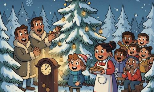 Un garçon de 8 ans émerveillé, bonnet rayé et grosse écharpe, tend la main vers une horloge ancienne en bois posée au pied d’un vieux sapin illuminé; à ses côtés sa mère souriante tient un plat de biscuits, son père accroche des guirlandes et, en arrière-plan, un vieil homme joue de l’harmonica tandis que des enfants rient; la clairière enneigée, les lampes et la lumière dorée qui s’échappe de l’horloge créent une ambiance chaleureuse, magique et conviviale.