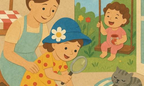 Une fille de 4 ans, joyeuse et fière, porte un chapeau bleu à grosse fleur blanche et une robe jaune à pois rouges; elle tient une loupe et suit du doigt une piste de miettes menant à une balançoire où Emma, 2 ans, rieuse et espiègle, cheveux bouclés courts en body rose, a les doigts collants et tient un pot de confiture vide; la mère, genou à terre, cheveux châtains en chignon et tablier pastel, sourit en tenant un chiffon; un petit chat gris rayé dort près de la porte-fenêtre; cuisine ouverte sur un jardin ensoleillé avec table à nappe vichy tachée, balançoire et fleurs sauvages; ambiance lumineuse, couleurs vives et textures papier découpé, détails des miettes, taches de confiture et rayures du chat.