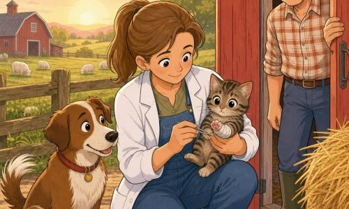 Clara, vétérinaire d'environ 30 ans, cheveux châtain clair en queue de cheval, en blouse blanche et salopette en jean, est agenouillée en train d'enlever délicatement une petite épine de la patte d'un chaton tigré mâle au coin des mains, patte légèrement bandée et rosée ; Monsieur Martin, homme d'une soixantaine d'années aux cheveux gris et au visage ridé, souriant, tient la porte de la grange rouge ouverte et regarde la scène avec bienveillance ; Max, chien de ferme marron et blanc à la queue battante, est assis à côté, observant ; la ferme au petit matin montre un champ herbeux, une clôture en bois, des bottes de foin doré, des moutons paissant au loin et un ciel pastel baigné de la chaude lumière du soleil levant ; ambiance tendre et calme, couleurs chaudes et textures de crayon doux, composition centrée sur les gestes et les expressions affectueuses.
