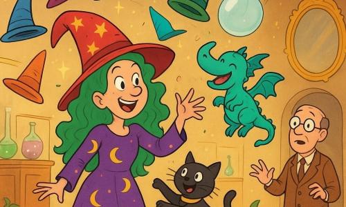Une sorcière joyeuse et malicieuse aux longs cheveux verts bouclés, grand chapeau pointu rouge étoilé et robe violette à lunes, sourit en faisant voler plusieurs chapeaux ; son petit chat noir Pépito au collier doré saute pour en attraper un, un mini-dragon turquoise crache une grosse bulle de savon transparente en voletant et riant, un gardien de musée d'environ 50 ans en costume brun et lunettes rondes recule en souriant près de l'entrée ; la grande salle voûtée du musée avec plancher en bois, vitrines de potions multicolores, miroirs dorés et guirlandes scintillantes baigne d'une lumière chaude féerique tandis que plantes grimpantes percent le sol et bulles géantes flottent dans un chaos joyeux et animé.