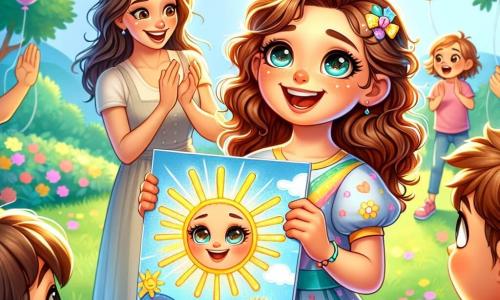 Une petite fille de 4 ans, Luna, se tient au centre de l'image, rayonnante de joie avec un dessin coloré d'un soleil dans les mains. À côté d'elle, sa maman l'encourage avec un sourire chaleureux, tandis que son papa applaudit avec enthousiasme. La scène se déroule dans un parc ensoleillé, entouré de fleurs et d'arbres, où des enfants jouent et des ballons flottent. Luna montre son dessin à ses amis, créant une atmosphère joyeuse et encourageante.