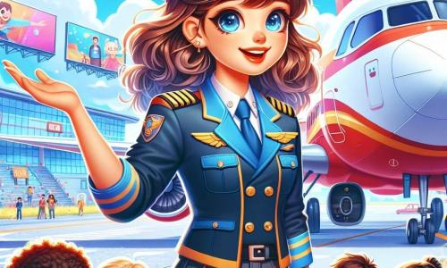 Zoé, une pilote souriante en casquette bleue et veste d’aviateur, se tient devant un grand avion blanc et rouge, les bras ouverts. À ses côtés, un groupe d’enfants de 7 à 10 ans l'observe avec émerveillement. Une petite fille en robe jaune lève la main pour poser une question, tandis qu'un garçon aux lunettes rondes regarde le cockpit, fasciné. L’arrière-plan montre un aéroport animé avec des avions, des nuages blancs dans un ciel bleu et des panneaux colorés. La scène illustre Zoé expliquant aux enfants le fonctionnement de l’avion, prête à les emmener dans un voyage magique.