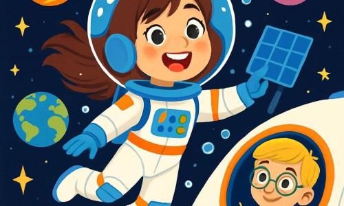 Chloé, une jeune femme astronaute, flotte avec émerveillement dans l'espace, ses yeux brillants de joie. Elle porte une combinaison spatiale blanche avec des détails colorés et un casque transparent reflétant les étoiles. Ses cheveux bruns flottent en apesanteur. À proximité, Paul, un garçon de 10 ans aux cheveux blonds et lunettes rondes, l'observe avec admiration depuis le hublot du vaisseau spatial, tenant un carnet de croquis. Le vaisseau est entouré d'un océan d'étoiles et de planètes colorées, avec la Terre en arrière-plan. Chloé ajuste un panneau solaire à l'extérieur du vaisseau, souriante, tandis que des gouttelettes d'eau flottent autour d'elle.