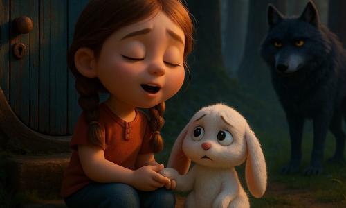 Fille de six ans au visage rond et aux cheveux châtain clair en deux tresses, yeux grands et brillants, expression douce et courageuse, chantant une berceuse en tenant la patte du petit lapin Plume, pelage blanc duveteux, oreilles longues et tombantes, yeux inquiets apaisés, blotti sur la marche devant la porte d'une petite maison ronde en bois au numéro 7 peint en bleu usé, mousse sur les bords, au milieu d'une clairière herbeuse bordée d'une forêt au crépuscule aux troncs hauts et feuillage dense, rayons dorés perçant entre les branches et légère brume bleutée au sol ; au bord de la clairière, un grand loup gris foncé au pelage texturé et yeux ambres luisants observe à distance sans s'approcher, la lumière chaude tombant d'un trou dans les arbres créant une atmosphère tendre et sécurisante.
