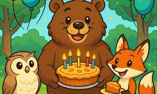 Barnabé, un grand ours brun aux yeux pétillants, se tient au centre d'une clairière ensoleillée avec un sourire radieux. Il est entouré de ballons colorés et tient un gâteau aux pommes décoré de bougies. À sa droite, Renarde, une renarde au pelage roux, sourit en tenant une part de gâteau, tandis qu'à sa gauche, Lili, une chouette aux plumes blanches, observe avec excitation. La clairière est entourée d'arbres majestueux et de fleurs colorées dansant au vent, tandis que des lucioles commencent à s'allumer. L'ensemble crée une atmosphère joyeuse et festive pour célébrer l'anniversaire de Barnabé.