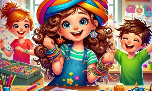 Clara, 10 ans, a des cheveux châtains bouclés et porte un foulard coloré. Elle sourit, les yeux pétillants, tenant un bracelet d'amitié. Max, 9 ans, avec des cheveux en bataille et un t-shirt vert fluo, rit à ses côtés, tenant une boîte à outils peinte. Lila, 10 ans, dessine avec des crayons colorés sur une grande feuille, assise par terre. Noah, 10 ans, saute joyeusement, les bras levés et un grand sourire. La scène se déroule dans un atelier de bricolage lumineux, rempli de pots de peinture, ciseaux et feuilles colorées. Clara et ses amis préparent leur premier numéro d'un journal des bonnes nouvelles, entourés de rires et de créativité, avec des confettis ajoutant une touche de magie.