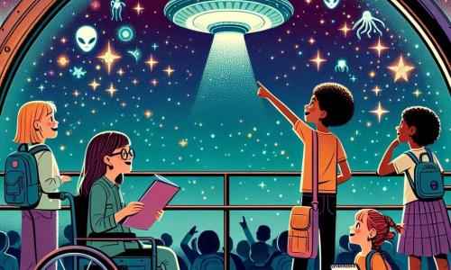 Dans une station spatiale futuriste, quatre filles sont réunies devant une baie vitrée. Emma, 10 ans, en fauteuil roulant, admire les étoiles. Zoé, 9 ans, aux cheveux blonds, pointe un vaisseau extraterrestre, excitée. Sarah, 10 ans, avec des cheveux noirs, affiche un sourire sceptique, tandis que Lila, 9 ans, aux cheveux roux, prend des notes. La scène se déroule dans la section d'observation avec un plafond en verre, offrant une vue sur l'espace. Des lumières colorées entourent un vaisseau extraterrestre, créant une atmosphère magique. Les filles découvrent l'arrivée des Lumineux, des extraterrestres pacifiques, prêts à échanger des connaissances.
