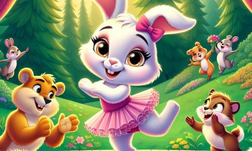 Lila, une petite lapine aux grandes oreilles et à la fourrure blanche, danse joyeusement sur une scène en bois, son visage rayonnant de bonheur. Elle porte un tutu rose et lève ses pattes avant en exprimant sa passion pour la danse. Léon, un lionceau aux poils dorés, applaudit fièrement à gauche, tandis que Sacha, un hérisson aux piquants bruns, saute de joie à droite avec des fleurs colorées pour encourager Lila. Le décor est une prairie verdoyante sous la lumière dorée du soleil couchant, entourée d'arbres majestueux et d'animaux captivés par la performance. Lila danse avec grâce, créant une atmosphère festive où l'amitié et la passion pour la danse s'harmonisent.