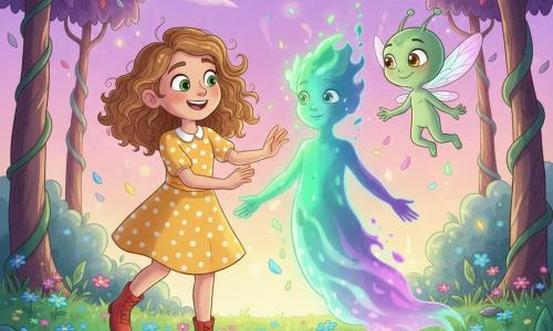 Émilie, 8 ans, souriante et émerveillée, cheveux bouclés châtain clair, yeux verts, robe jaune à pois blancs et bottines rouges, tend la main vers Zilly, petite créature extra‑terrestre pâle, yeux ambrés brillants et ailes translucides irisées qui flotte à sa droite; devant elles, Lumis, ancienne Ombre en transformation, silhouette fluide mi‑brume mi‑lumière d’où jaillissent des couleurs émeraude et violet, côté gauche encore sombre, côté droit lumineux, visage adouci et étonné; elles se trouvent dans la vallée enchantée de l’Arc‑en‑Ciel, sol couvert de fleurs luminescentes bleues, roses et vert néon, arbres à troncs spiralés et feuilles plume multicolores sous un ciel violet parsemé de nuages en forme de bonbon, lumière douce de crépuscule — moment magique où la couleur revient : lumière jaillissante de Lumis, pétales qui s’illuminent et tourbillonnent, ambiance chaleureuse et fort contraste entre zones grises et zones retrouvant leurs teintes vives.
