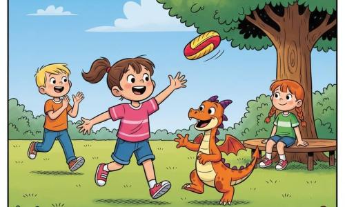 Une fillette de 2 ans, souriante, cheveux bruns en couettes, lance un volant magique rouge et jaune ; Flamme, un petit dragon orange et violet, doux, l’attrape à sa droite ; un garçon de 3 ans, blond et enthousiaste, applaudit en courant depuis l’arrière-plan gauche ; une fille de 4 ans, rousse en tresses, attend son tour assise sur un banc rond près d’un grand arbre ; parc ensoleillé avec pelouse verte, arbre à feuilles rondes, fleurs colorées et ciel bleu ; ambiance conviviale de partage et de jeu, couleurs vives, composition centrée sur la fillette et le dragon.