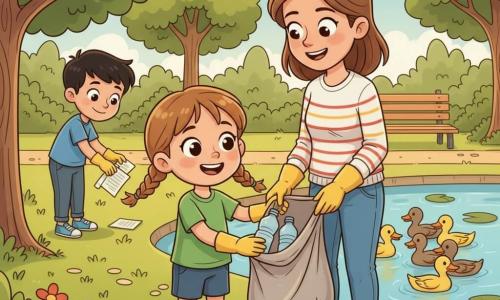 Une fillette de 6 ans, châtain clair en couettes, souriante, porte un t-shirt vert et des gants jaunes et ramasse une bouteille en plastique; sa mère d'environ 30 ans, cheveux bruns attachés, en tenue décontractée tient un sac poubelle ouvert et la regarde fièrement; un garçon de 7 ans, cheveux noirs courts, aide en ramassant un papier en arrière-plan; des canards nagent à droite dans un lac; le parc lumineux avec pelouse verte, arbres, banc, sentier en gravier et fleurs rouges et bleues; scène centrée sur une action collective de nettoyage, atmosphère positive et couleurs chaudes.