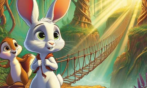 Léo, un petit lapin blanc aux grandes oreilles, se tient au bord d'un ravin, son visage exprimant détermination et excitation. Ses yeux brillent d'aventure en regardant le pont de lianes qui se balance au-dessus du vide. À ses côtés, Pipo, un écureuil espiègle au pelage brun, sourit en pointant le chemin. La scène se déroule dans la Forêt des Murmures, où des arbres majestueux s'élèvent et des fleurs colorées parsèment le sol sous une lumière dorée. Léo et Pipo se préparent à traverser le Pont du Vent, une structure oscillante, prêts à relever leur première épreuve pour rencontrer le Dragon des Ombres.