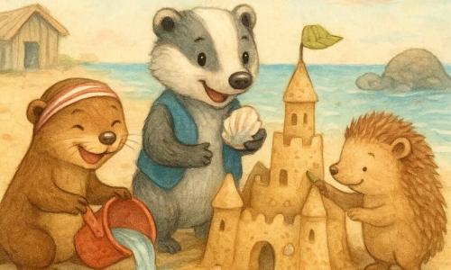 Malo, jeune blaireau à la fourrure grise et blanche, sourit, porte un petit gilet bleu et tient un coquillage nacré devant un seau rouge rempli de trésors ; Lila, loutre brune au pelage luisant, rit et verse de l’eau dans le fossé à gauche du château en portant un bandeau rayé ; Hugo, petit hérisson rond aux piquants brun clair, concentré et heureux, plante un drapeau de feuille sur la plus haute tour à droite ; plage de sable doré parsemée de galets et de morceaux de verre polis, vieille cabane en bois flotté et rocher en forme de tortue en arrière-plan, vagues turquoise, ciel clair avec quelques nuages roses d’été, mouettes et reflets dorés ; scène : les trois amis construisent un grand château de sable détaillé avec fossé, drapeaux de feuilles et coquillages incrustés, ambiance ensoleillée, style aquarelle doux aux couleurs pastel et texture granuleuse.