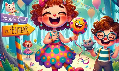 Zoé, une fille de 7 ans aux cheveux bouclés et aux yeux malicieux, est au centre de l'image, riant avec un coussin péteur à la main. Elle porte une robe à pois et des chaussettes dépareillées. À côté d'elle, Hugo, un garçon de 7 ans avec des lunettes rondes et un sourire contagieux, tient un ballon en forme de chat en riant de la blague de Zoé. La scène se déroule dans la forêt des Plumes, avec des arbres ressemblant à des plumes de perroquet et des ballons colorés flottant. Des pancartes amusantes ajoutent à l'ambiance joyeuse. Ils participent à la Grande Fête des Farceurs, entourés d'autres enfants, tandis que le Grand Farceur Mystérieux, un clown coloré, les observe avec un sourire bienveillant.