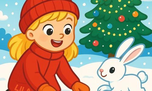 Une petite fille de 6 ans, Lila, avec des cheveux dorés et un grand sourire, est agenouillée dans la neige, caressant la poudreuse douce. Elle porte un manteau rouge, un bonnet en laine et des gants assortis. À côté d'elle, un lapin blanc bondit joyeusement dans la neige, l'invitant à le suivre. En arrière-plan, un sapin décoré de guirlandes scintillantes se dresse, illuminé par le soleil. La scène se déroule dans un jardin féerique, où la neige crée un paysage enchanteur, avec des flocons tombant doucement du ciel. Lila, émerveillée, suit le lapin dans une clairière magique, où la neige est vierge et immaculée.