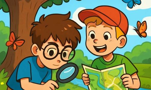 Maxime, un garçon de 10 ans aux cheveux bruns en bataille et lunettes rondes, porte un t-shirt bleu et un short beige, tenant une loupe en regardant le sol. Thomas, également âgé de 10 ans, a des cheveux blonds et des taches de rousseur, porte une casquette rouge et un t-shirt vert, et sourit en tenant une carte du parc. Ils se trouvent près d'un grand chêne dont les branches les protègent. Des fleurs colorées et un ruisseau scintillant les entourent. Ils sont en pleine enquête, scrutant le sol à la recherche d'indices, tandis que des papillons volent autour d'eux.