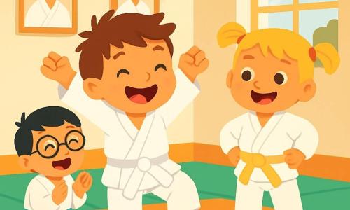 Léo, un petit garçon de 2 ans avec des cheveux bruns en bataille et un grand sourire, porte un kimono blanc et s'entraîne au judo, les bras levés. À ses côtés, Mia, une petite fille de 2 ans aux cheveux blonds en couettes, l'encourage avec un sourire. Tim, un autre garçon de 2 ans avec des lunettes et des cheveux noirs, est assis sur le tatami en riant et en applaudissant. La scène se déroule dans un dojo lumineux avec des tatamis verts et des posters de judokas. Léo, plein d'énergie, s'apprête à réaliser un saut acrobatique tandis que ses amis l'encouragent, créant une ambiance de camaraderie.