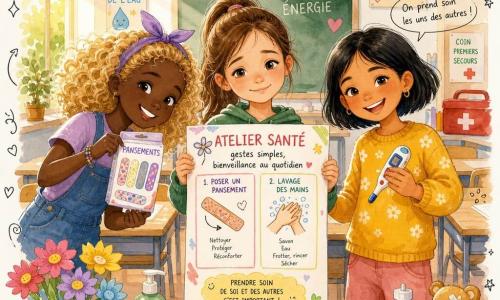 Trois filles de 8 ans présentent un atelier santé dans une salle de classe lumineuse : Clara, châtain en queue de cheval et teint pâle, tient une grande carte colorée au centre ; Léa, blonde bouclée au sourire espiègle, montre un paquet de pansements décorés à gauche ; Mia, cheveux noirs courts et yeux rieurs, tient un thermomètre jouet à droite en faisant un geste rassurant. Lieu : tableau vert, pupitres en bois clair, affiches santé, boîte de premiers secours et fleurs en papier sur une table, éclairage doux avec rayons de soleil par une grande fenêtre et doodles (cœurs, pansements, étoiles) en overlay. Situation : elles expliquent et montrent des gestes simples (poser un pansement, se laver les mains) dans une ambiance joyeuse et bienveillante, composition centrée sur le trio, couleurs vives et texture papier aquarelle.
