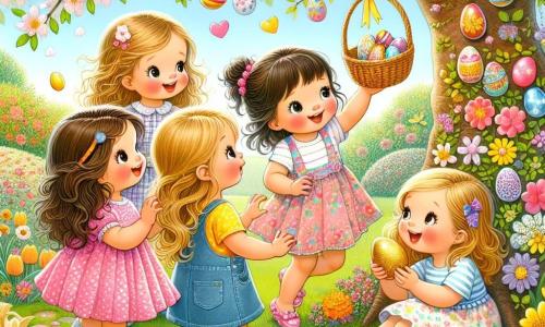 Quatre petites filles, Chloé, Léa, Zoé et Anaïs, sont sous un grand arbre fleuri dans un jardin ensoleillé. Chloé (8 ans) grimpe pour attraper un panier accroché à une branche. Léa (7 ans) est assise sur l'herbe, curieuse. Zoé (6 ans) tient un œuf en chocolat doré, émerveillée. Anaïs (5 ans) secoue une cloche dorée en chantant. Le jardin est coloré avec des tulipes et des jonquilles, sous un ciel bleu éclatant. Les quatre amies découvrent un panier d'œufs en chocolat, entourées de rires et de joie, symbolisant l'esprit de Pâques et l'amitié.