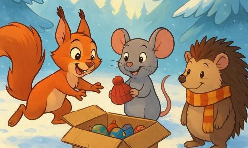 Cachou, un écureuil roux aux yeux pétillants et à la queue touffue, saute joyeusement autour d'une boîte en carton cabossée, laissant des empreintes rondes dans la neige étincelante. Prunelle, une souris grise aux oreilles frémissantes, se tient à côté de Cachou, souriante, tenant un petit bonnet de laine dans ses pattes. Gribouille, un hérisson au pelage piquant, observe la scène avec une écharpe rayée, légèrement en retrait. La clairière enneigée, entourée de sapins givrés, est illuminée par un doux rayon de soleil, créant une ambiance magique et festive. Les animaux remplissent la boîte de trésors, chacun apportant un objet précieux, tandis que la forêt résonne de rires et de chants de Noël.