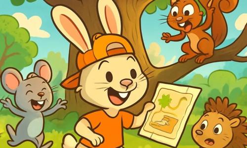 Riri le Lapin, un petit lapin aux grandes oreilles, porte une casquette à l’envers et sourit malicieusement en tenant une carte dessinée à la main. Il est entouré de ses amis : Lila la souris, qui saute de joie, Gaston le hérisson, inquiet mais amusé, et Titi l’écureuil, qui grimpe à une branche en faisant une grimace. Ils se trouvent dans une clairière ensoleillée du Bois Bizarre, avec un vieux chêne majestueux au centre. Les amis sont en pleine chasse au trésor, riant et prêts à découvrir un gâteau aux carottes caché dans la forêt.