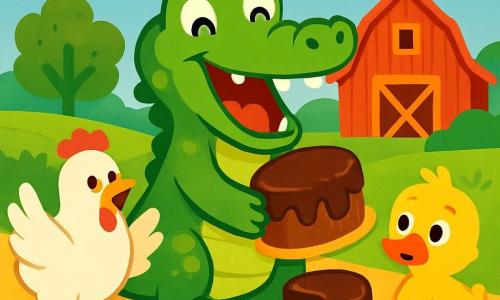 Un crocodile joyeux au centre de la scène, riant et tenant un gâteau au chocolat tombé. À droite, un canard jaune aux plumes duveteuses, surpris, regarde le gâteau. À gauche, une poule blanche aux plumes soyeuses cherche son ballon rouge qui roule. En arrière-plan, une ferme colorée avec des champs verdoyants, une grange rouge et un ciel bleu avec des nuages. La scène capture un moment amusant où les animaux se rassemblent autour du gâteau, riant et jouant ensemble dans une ambiance festive.