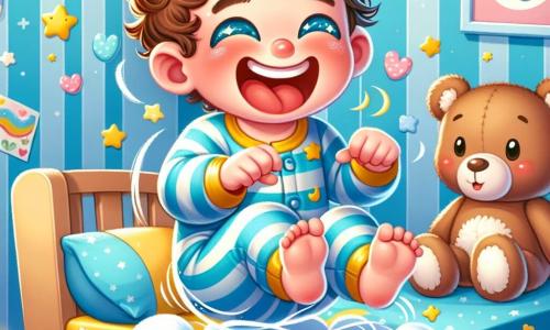 Un petit garçon de 2 ans, avec des cheveux bouclés et des yeux malicieux, est allongé sur son lit en riant. Il porte un pyjama rayé bleu et jaune. À côté, son doudou en forme d'ours le regarde avec surprise. La chambre est décorée de murs pastel avec des stickers d'étoiles et de lunes, et un tapis moelleux en forme de nuage est au sol. Le pyjama du garçon danse autour de lui, chatouillant ses pieds, tandis que des rires résonnent, créant une ambiance ludique et magique.
