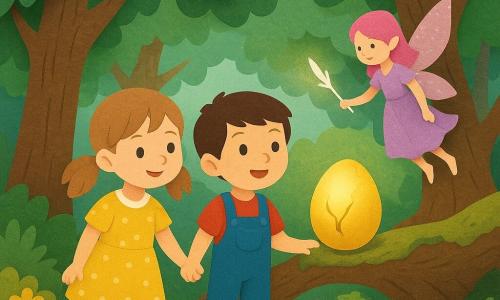 Trois personnages : Léa, 7 ans, cheveux châtain clair en couettes, robe jaune à pois blancs, tient la main de Tom en regardant une petite fée ; Tom, 7 ans, cheveux bruns courts, salopette bleue et chaussures rouges, légèrement devant elle, émerveillé par un œuf doré fissuré dans l'arbre ; la Fée Lila, très petite, ailes translucides roses pailletées, robe lilas flottante, vole près d'une branche en tenant une plume brillante ; lieu : clairière d'une forêt enchantée avec grands arbres aux troncs texturés, tapis de fleurs colorées et un grand arbre creux au centre, pont de pierre couvert de lichen en arrière-plan ; situation : les enfants grimpent doucement sur une large branche tandis que la fée flotte près de l'œuf doré laissant échapper une lumière chaude et une petite plume scintillante, ambiance douce, couleurs vives, silhouettes simples.