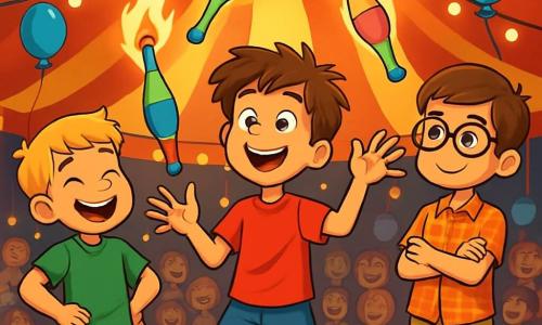 Il y a trois personnages : Max, un garçon de 10 ans avec des cheveux bruns en bataille, un t-shirt rouge et un short bleu, se tient au centre de l'image, prêt à jongler avec des quilles colorées. Léo, également âgé de 10 ans, a des cheveux blonds et porte un t-shirt vert et un pantalon court. Il est à gauche de Max, riant et admirant son ami. Tom, le troisième garçon, a des lunettes rondes et des cheveux châtains, vêtu d'une chemise à carreaux et d'un short beige, se trouve à droite de Max, les bras croisés et souriant. L'action se déroule dans un chapiteau de cirque aux rayures rouges et jaunes, rempli de spectateurs émerveillés et de ballons colorés. Max jongle maladroitement avec des quilles enflammées, tandis que Léo et Tom l'encouragent, créant une atmosphère joyeuse et magique.