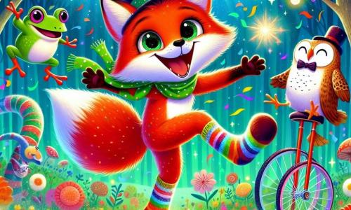 Rémi le renard, aux poils roux éclatants et aux yeux curieux, danse joyeusement dans une clairière enchantée, souriant largement. Ses chaussettes multicolores virevoltent autour de lui. À proximité, une grenouille en monocycle, chapeautée et lunettes rondes, applaudit en riant, tandis qu'un hibou en smoking observe la scène, amusé. La clairière est illuminée par des guirlandes scintillantes et des fleurs colorées dansent au rythme de la musique. Des confettis flottent dans l'air, créant une ambiance festive. Rémi et ses chaussettes dansantes sont au cœur d'un bal loufoque, où tous s'amusent ensemble dans une atmosphère magique.