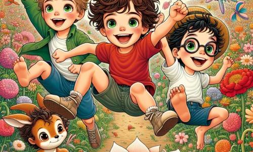 Dans un champ de fleurs géantes, quatre garçons de huit ans s'amusent. Lucas, avec des cheveux bruns et un t-shirt rouge, flotte joyeusement dans les airs. Maxime, en t-shirt vert et lunettes rondes, saute comme un kangourou. Hugo, aux cheveux noirs, nage dans l'air comme un poisson clown, tandis que Théo, avec un chapeau de paille, se pavane en poisson licorne. Le lieu est fantastique, rempli de fleurs colorées et de créatures étranges. Les garçons rient en essayant d'attraper des gâteaux flottants, créant une scène joyeuse et absurde.