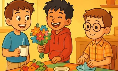 Trois personnages sont présents : Sami, un garçon de 10 ans aux cheveux bruns et aux yeux pétillants, souriant avec une tasse de lait chaud ; Bilal, un garçon de 9 ans aux cheveux noirs en désordre, habillé d'un sweat rouge et tenant un bouquet de fleurs colorées ; et Yassine, un garçon de 10 ans avec des cheveux châtains et des lunettes rondes, assis à une table en train de plier une serviette en forme de bateau. La scène se déroule dans une cuisine chaleureuse aux murs jaunes, avec une grande table en bois recouverte d'une nappe colorée. Les trois amis préparent le repas du soir pour le Ramadan, entourés de fruits et de dattes, créant une atmosphère joyeuse et festive, emplie du parfum du pain chaud.