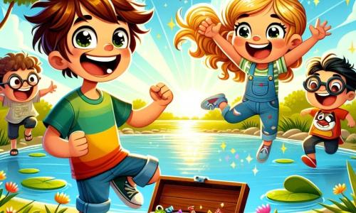 Un garçon de 7 ans, Max, souriant et tenant une boîte en bois pleine de bonbons et de petits jouets, se tient au bord d'un lac ensoleillé. À côté de lui, sa meilleure amie Zoé, aux boucles dorées, saute de joie. Un peu plus loin, Tom, avec des lunettes trop grandes, fait des gestes de ninja en riant, tandis que Léo, avec un t-shirt amusant, fait des grimaces. Le lac scintille, entouré de nénuphars et de fleurs colorées, créant une atmosphère joyeuse. Les enfants découvrent ensemble le trésor dans la boîte, partageant des bonbons et riant, illustrant leur amitié et leurs aventures.