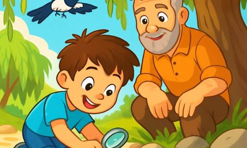 Un garçon de 6 ans, Malo, avec des cheveux bruns en bataille et des yeux curieux, s'agenouille au bord d'une rivière scintillante. Il porte un t-shirt bleu et un short en jean, et son visage exprime joie et excitation. À ses côtés, Maître Hugo, un homme d'environ 50 ans avec une barbe grise, l'observe avec bienveillance, prêt à l'aider. La scène se déroule au bord d'une rivière claire, entourée de pierres lisses et de saules, où la lumière du soleil crée des reflets dorés. Malo tient un petit miroir rond, scrutant l'eau à la recherche d'un trésor, tandis qu'une pie curieuse survole la scène, ajoutant une touche de magie à ce moment d'aventure.