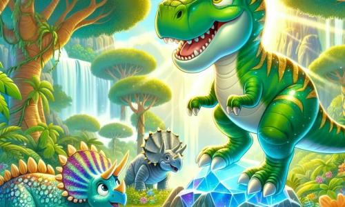 Un Tyrannosaure Rex aux écailles vertes et dorées brille sous le soleil, flottant joyeusement dans les airs avec un grand sourire, ses petits bras écartés comme s'il volait. À ses côtés, une tricératops nommée Léa, avec des cornes majestueuses et une peau bleu clair, lève les yeux avec émerveillement, tandis qu'un stégosaure nommé Rocco, avec ses plaques dorsales colorées, les regarde avec curiosité, tous deux au sol, entourés de feuillages luxuriants. La scène se déroule dans une jungle vibrante, avec des arbres géants, des fleurs éclatantes et une cascade scintillante en arrière-plan, créant une atmosphère magique. Tino, Léa et Rocco découvrent ensemble la pierre scintillante qui a permis à Tino de flotter, symbolisant l'amitié et l'aventure qui les attendent.