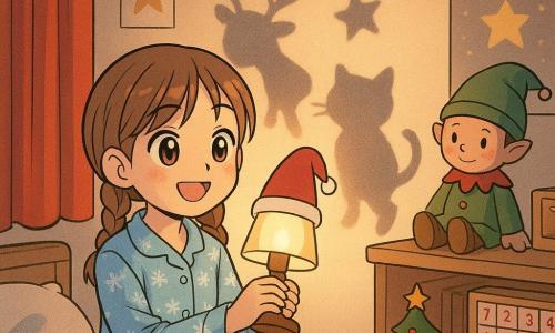 Lila, 8 ans, cheveux châtain clair en deux tresses, en pyjama bleu pâle à flocons, est assise sur son lit, souriante et émerveillée, faisant bouger une petite lampe de chevet coiffée d’un minuscule chapeau de lutin; un petit lutin de tissu aux joues roses et bonnet vert l’observe sur une étagère, le chat Moka brun tigré dort en boule sur le coussin au pied du lit. La chambre, décorée pour Noël (guirlandes lumineuses chaudes, petit sapin avec une boule ornée d’une moustache en papier, posters d’étoiles, calendrier de l’Avent, bois clair et rideau rouge), projette sur le mur des ombres dansantes en forme de renne, chat et étoile; la scène, aux couleurs douces et contrastes chauds (or, rouge, bleu pâle) et traits manga expressifs, dégage chaleur, douceur et malice grâce à l’éclairage de la lampe et des guirlandes.