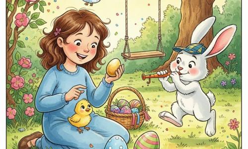 Lila, 6 ans, souriante, joue au jardin avec un œuf doré tintinnabulant dans la main et deux autres œufs sur l’herbe; à droite un lapin blanc anthropomorphe à grandes oreilles porte une casquette à carreaux et souffle dans une flûte en forme de carotte, un poussin jaune duveteux est posé sur le genou de Lila et un oiseau bleu se perche sur une branche; autour, un vieux rosier à gauche, une balançoire accrochée à un chêne, touffes de trèfle et fleurs sauvages, un panier en osier rempli de rubans et d’œufs en chocolat; trois œufs musicaux alignés (doré, bleu à pois blancs, vert à rayures roses), lumière chaude du matin, atmosphère joyeuse et mouvementée; style encre colorée et aquarelle, lignes fines et contours légèrement irréguliers, composition centrée sur Lila et les œufs.