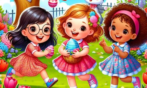 Trois petites filles joyeuses se trouvent dans un jardin coloré : Cécile, 7 ans, avec des cheveux bruns et des lunettes rondes, sourit en tenant un œuf en chocolat ; Émilie, 6 ans, aux cheveux blonds et bouclés, danse avec un œuf rose ; Louisa, 7 ans, avec des cheveux châtains et une robe à fleurs, montre un buisson où se cache un œuf bleu. Le jardin est rempli de tulipes rouges, de jonquilles jaunes et de violettes, sous un ciel bleu clair. Un grand arbre abrite un lapin de Pâques souriant avec un chapeau et un panier d'œufs colorés. Les filles cherchent des œufs de Pâques dans les fleurs, riant de chaque découverte, tandis que le lapin les observe.